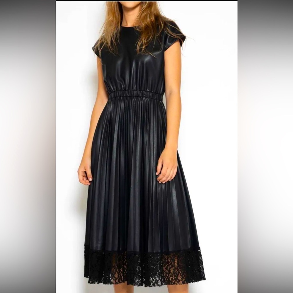 Garcia Pleated Leather Dress With Lace Hem